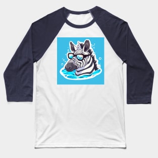 A zebra with glasses is resting in the water. Baseball T-Shirt